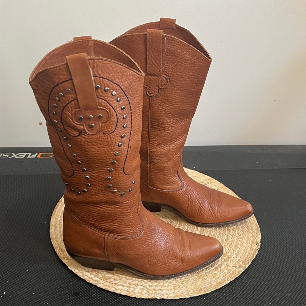 Bootalino Studded Brown Leather Western Cowboy Boots Size 7